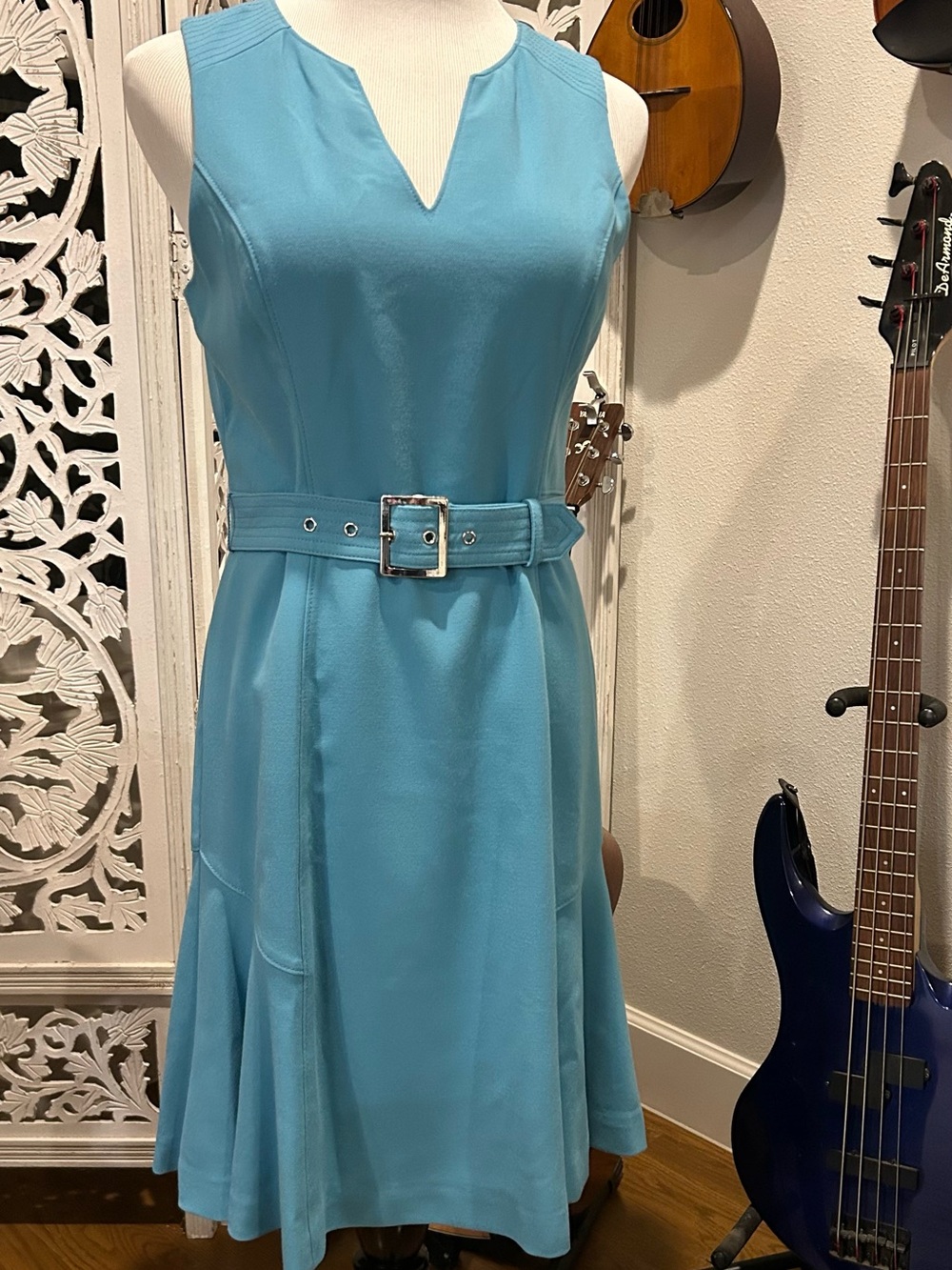 White House Black Market Teal Sleeveless Midi Dress with Buckled Waist